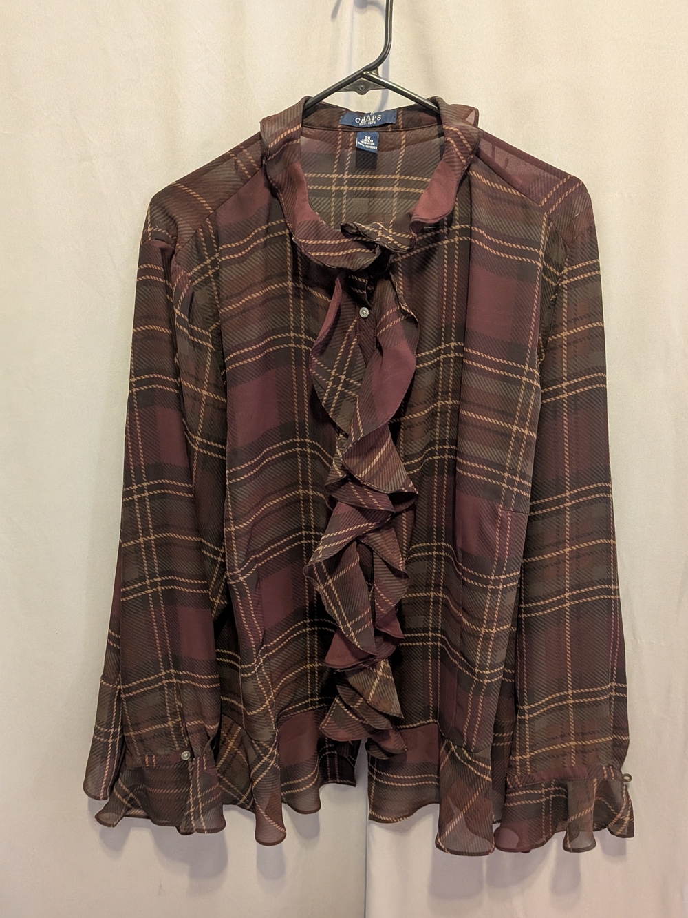 Chaps Women's Ruffle-Front Plaid Blouse - Brown Plum